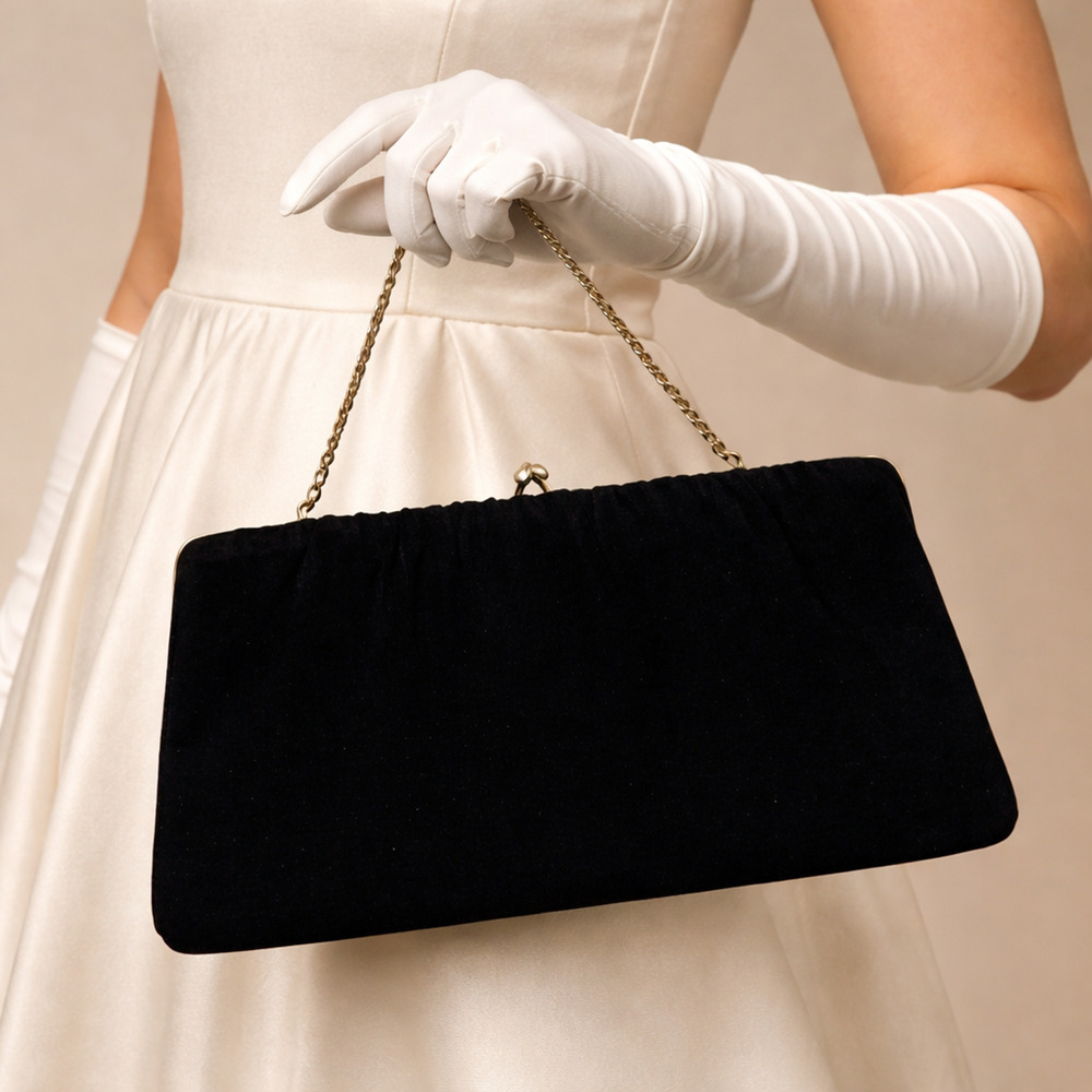 Vintage 60s Black Crepe Clutch Purse Chain Strap Frame Bag